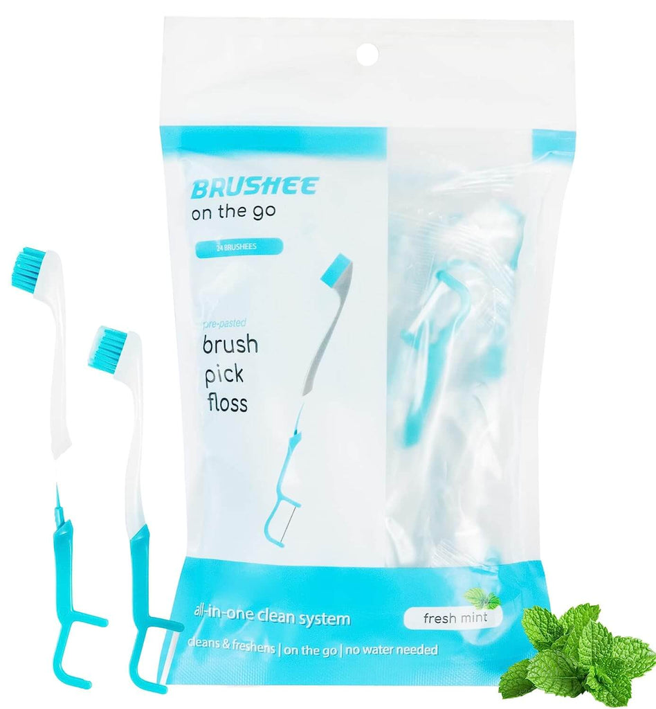 Brushee - فرشة أسنان 3 في 1 (فرشاة صغيرة مع معجون + خيط + عود أسنان)
