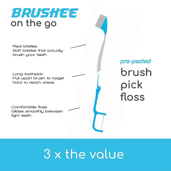 Brushee -  3-in-1 Tool (Pre-Pasted Mini-Brush + Floss + Pick)