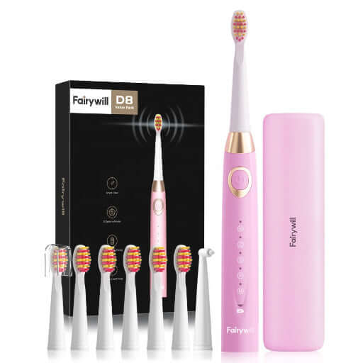 Fairywill Electric Toothbrush, 8 Brush Heads, with a Travel Case (D8)